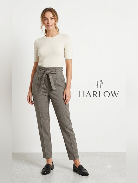 Harlow Pants - Harlow High-Waist 14,5," Paperbag Trousers in Taupe Houndstooth